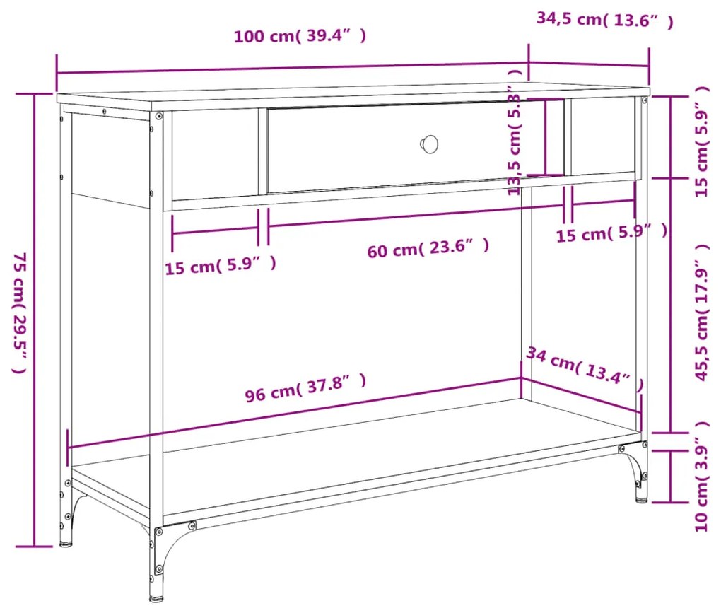 Mesa consola 100x34,5x75cm derivados de madeira carvalho sonoma