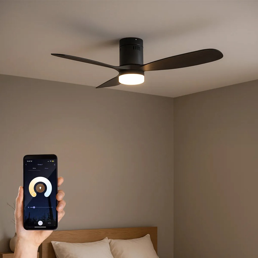 Ventoinha de teto inteligente preta 132cm incl. LED regulável em 3 etapas de Kelvin com controlo remoto - Sofia