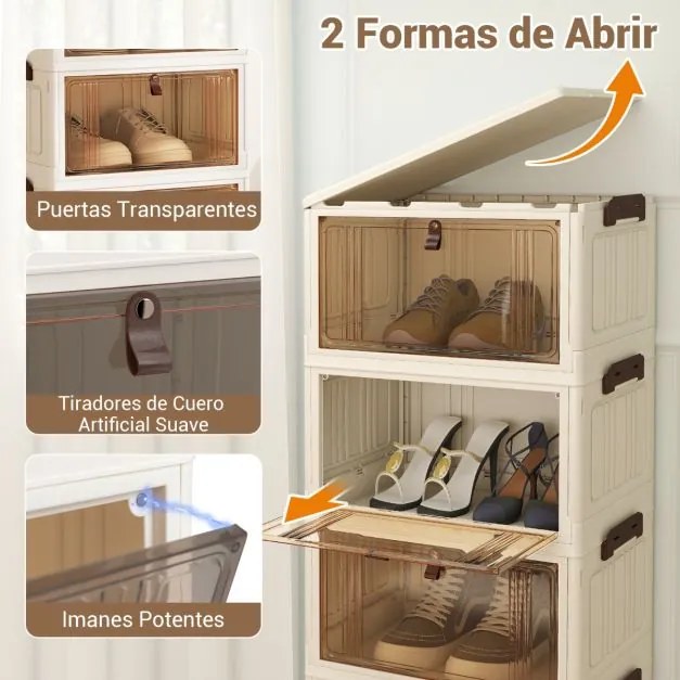 Caixa para sapatos dobrável de 4 níveis 39 × 27 × 85 cm, empilhável, com tampa, portas e rodas bloqueáveis, em plástico, para armário na entrada, sala