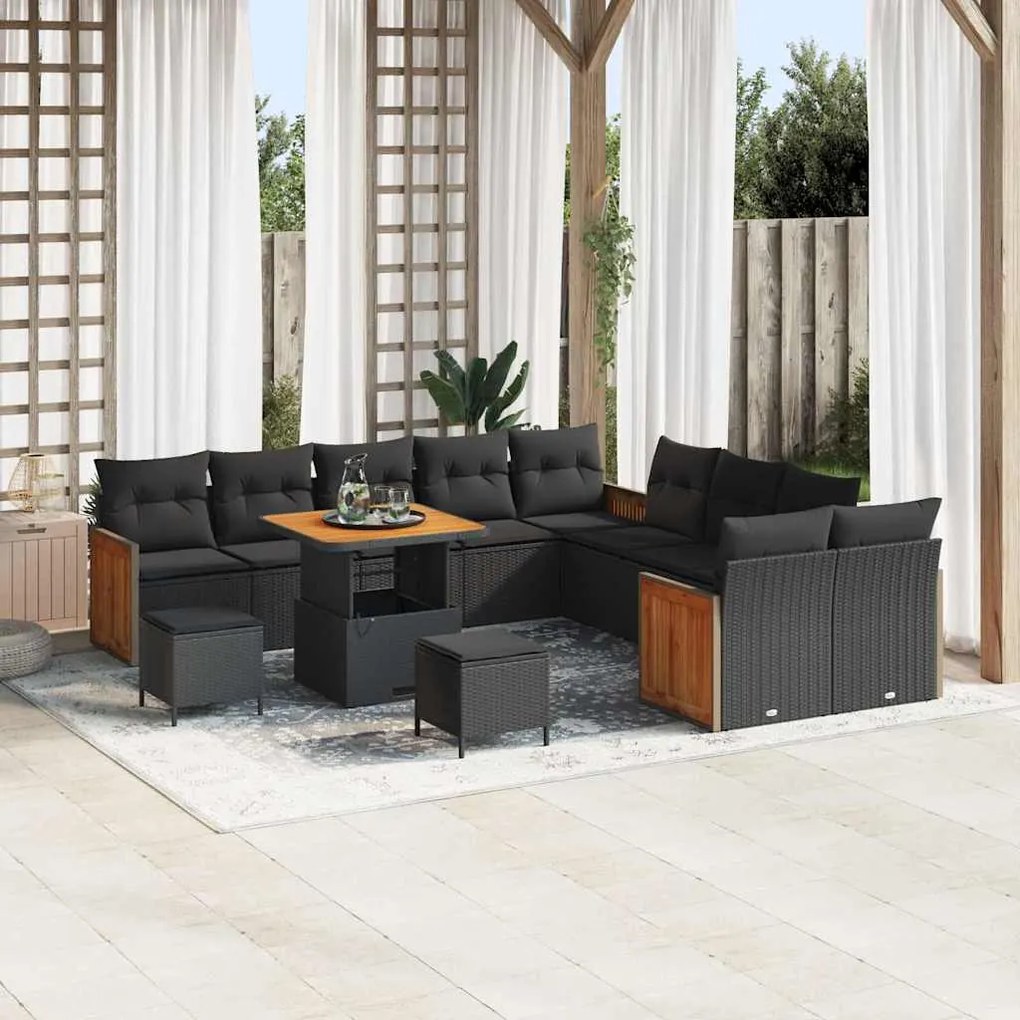 Conjunto de Sofás de Jardim vidaXL de 13 Peças com Almofadas Preto Vim