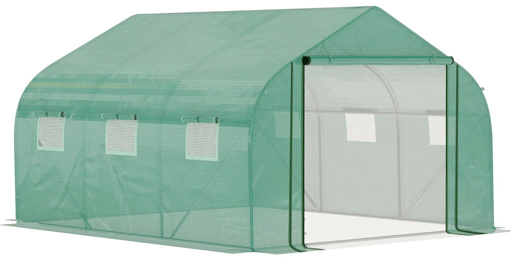 Outsunny Estufa de Túnel de Jardim 3,5x3x2 m com Porta e 6 Janelas Enroláveis de Polietileno Metal para Cultivos de Plantas Verde | Aosom Portugal