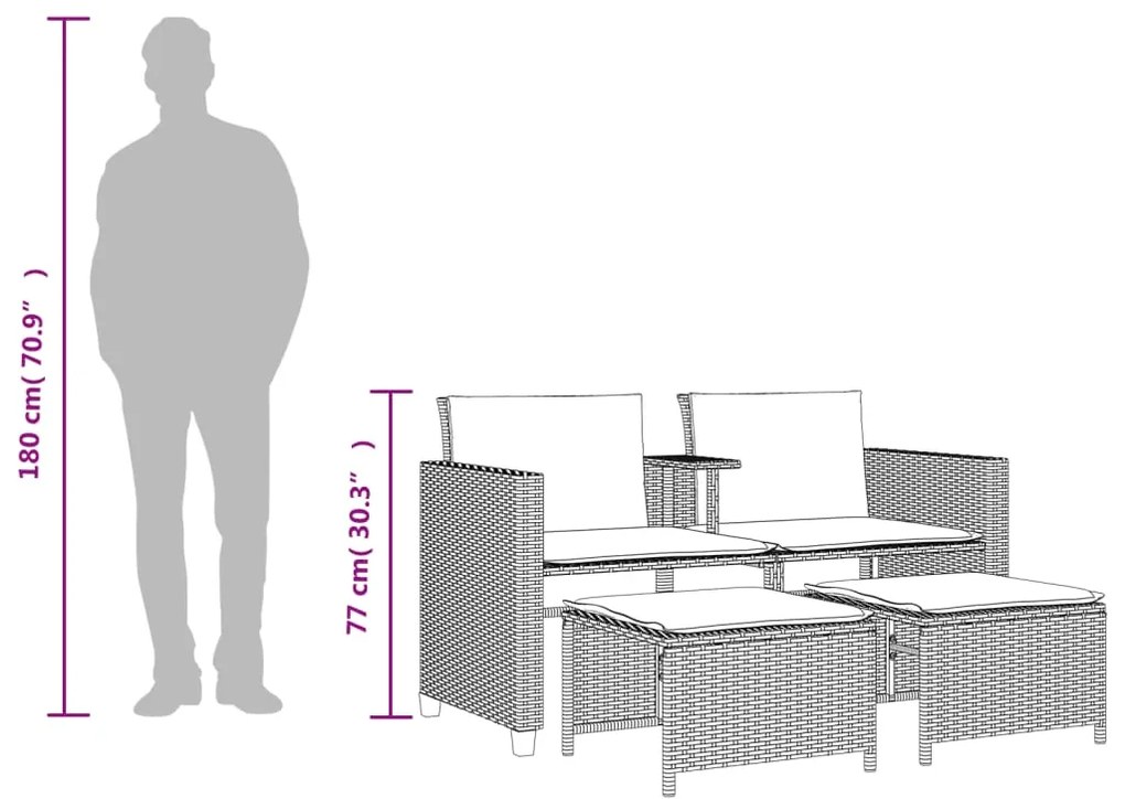 Sofá de jardim de 2 lugares com mesa e bancos vime PE bege
