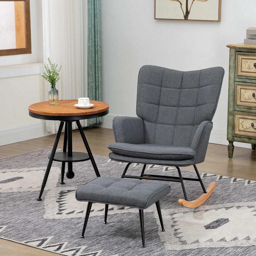 Cadeira de baloiço com apoio para os pés, rocking chair, assento largo, encosto alto, almofada incluída, 64 x 89 x 90 cm, cinzento
