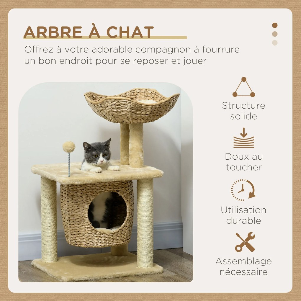 Arranhador para gatos com arranhador de sisal natural, 1 nicho, cesto com pompons e pelúcia 45 x 40 x 74 cm, bege