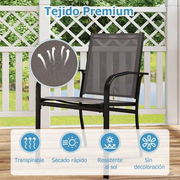 Conjunto de 2 cadeiras empilháveis para exterior com encosto alto, assento largo e braços para exterior 61 x 57,5 x 89 cm cinzento