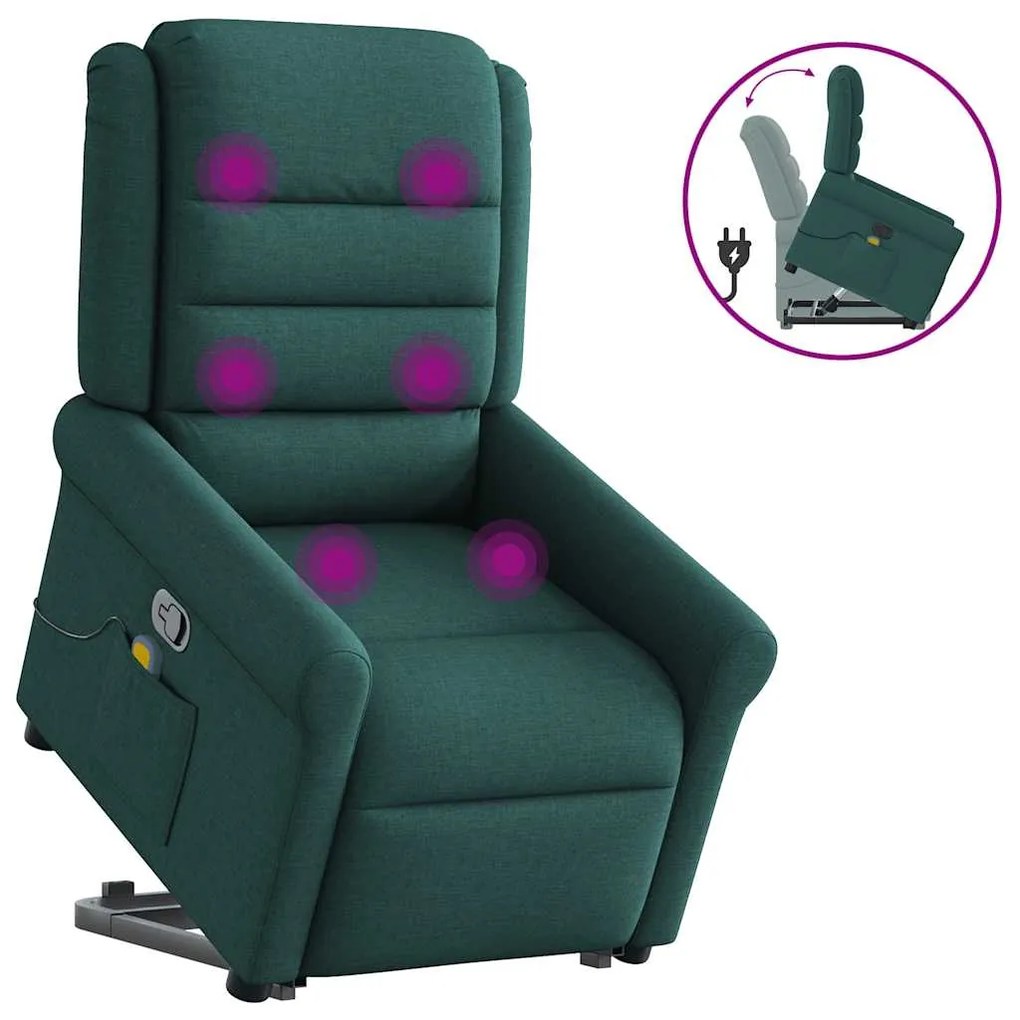 vidaXL Poltrona reclinável elevatória de massagens tecido verde-escuro