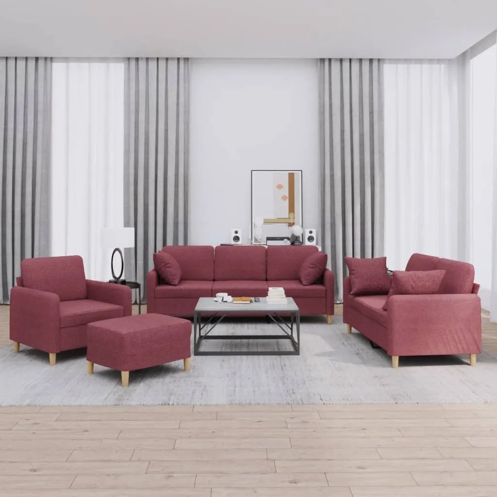 vidaXL 4 pcs conjunto de sofás com almofadas tecido vermelho-tinto