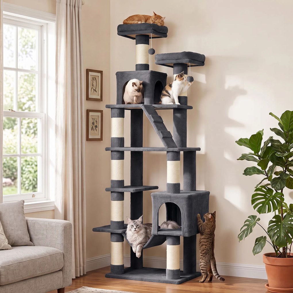 Árvore Arranhadora para Gatos 204 cm Multinível com 2 Tocas Rede 2 Camas Postes de Sisal Escada e 2 Bolas Cinza Escuro