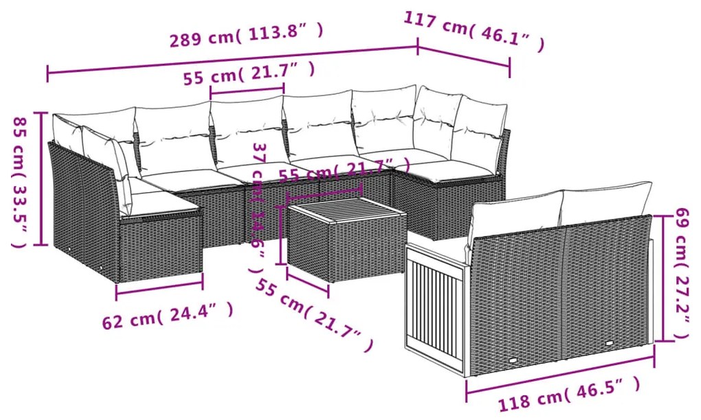 10 pcs conjunto sofás de jardim c/ almofadões vime PE preto