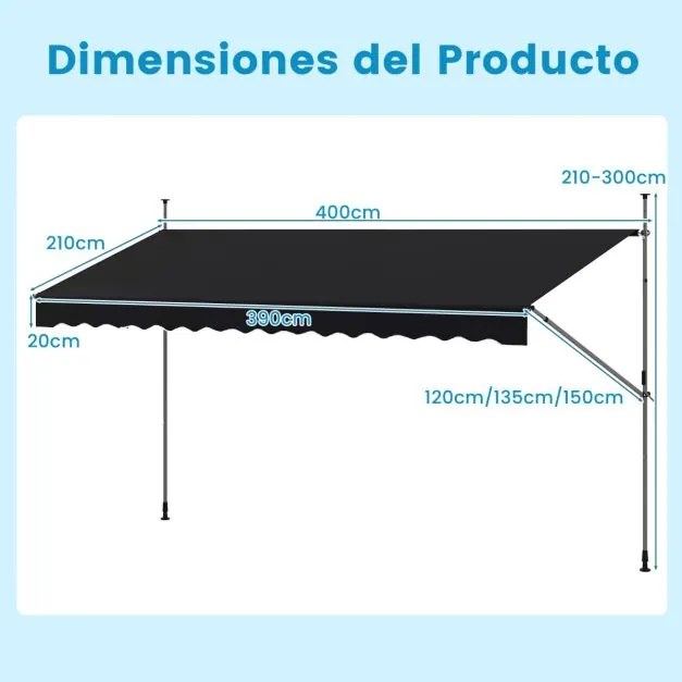 Toldo retrátil manual 4 m x 3 m Toldo exterior com altura ajustável Manivela e sem perfuração para janela Porta Terraço Preto