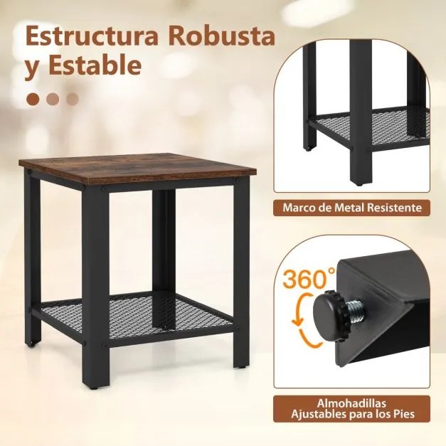 Mesa de apoio, mesa cabeçeira de 2 níveis quadrada com estante de rede Estrutura metálica Mesa de cabeceira com estrutura metálica para sala de estar
