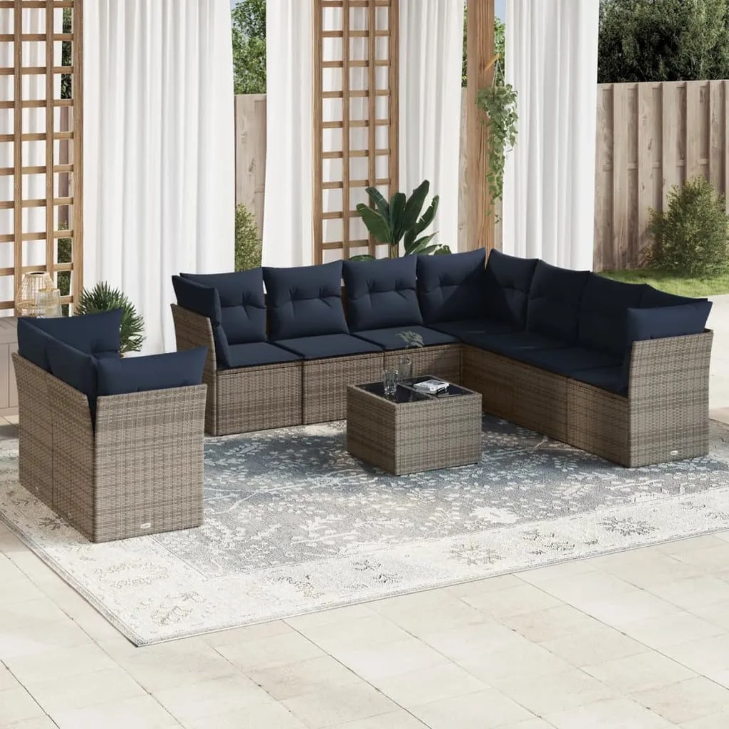vidaXL 10 pcs conjunto sofás p/ jardim c/ almofadões vime PE cinzento