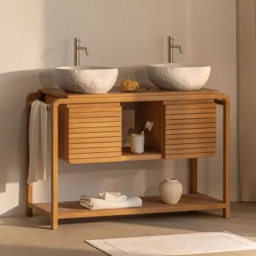 Conjunto De Móvel De Casa De Banho Em Madeira De Teca Bradley 2 X Irregular Em Cimento Branco ↔︎40 Cm Fedro & Sem - Sklum