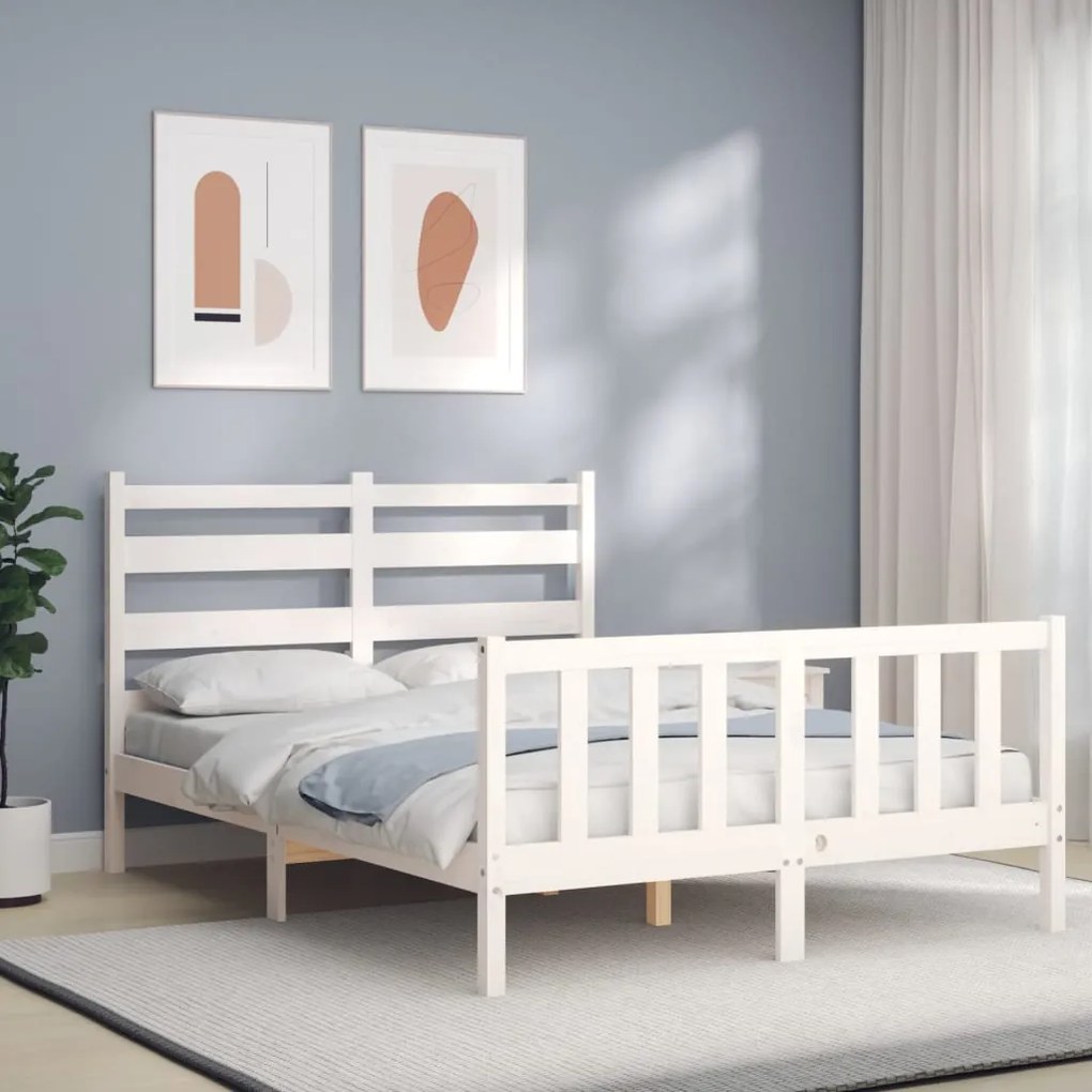 Estrutura de cama de casal c/ cabeceira madeira maciça branco