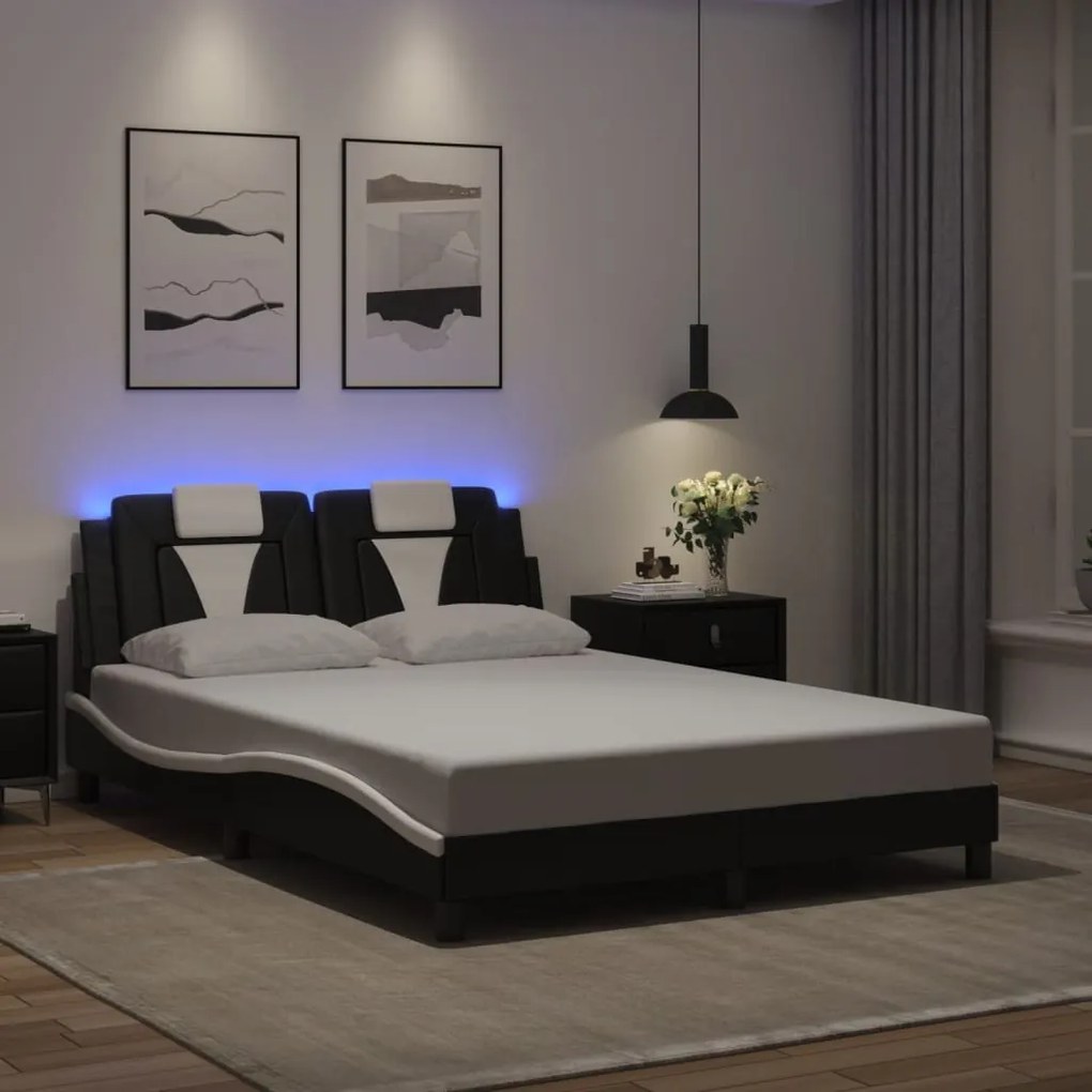 Estrutura cama c/ luzes LED 140x200cm couro artif. preto/branco