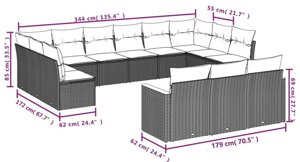 13 pcs conjunto de sofás de jardim com almofadões vime PE preto