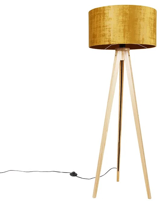 Candeeiro de pé em madeira com abajur em tecido dourado 50 cm - Tripod Classic Moderno