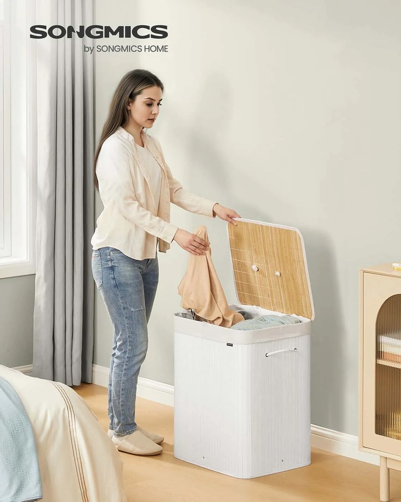 Cesto da roupa suja 120 L com 2 compartimentos 50 x 40 x 61 cm e saco removível, branco