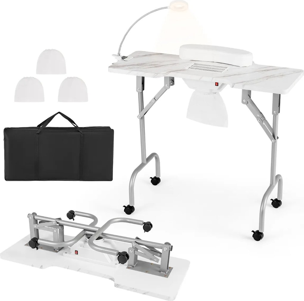 Mesa de manicure dobrável com aspirador de pó elétrico Luz LED 4 rodas com travão 90 x 40 x 77 cm Branca