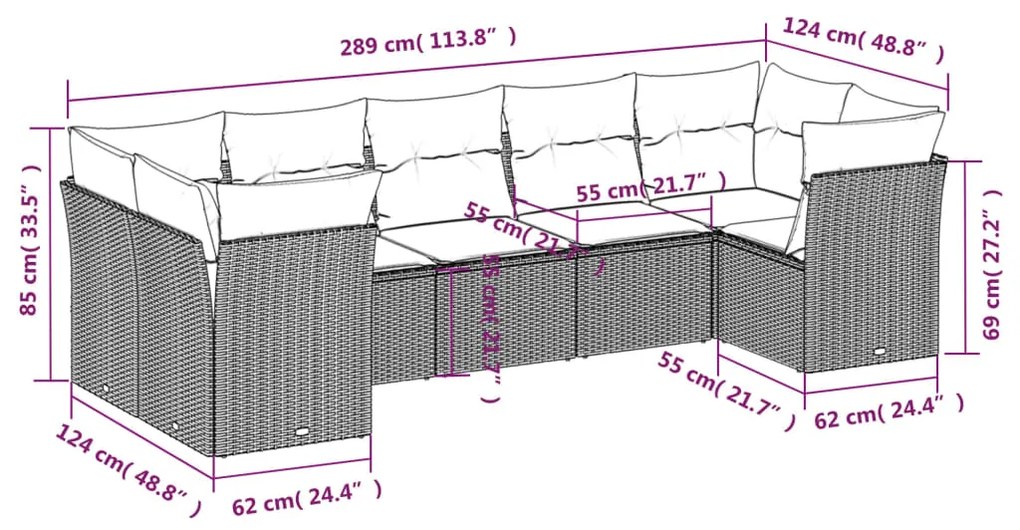 7 pcs conjunto de sofás jardim c/ almofadões vime PE castanho