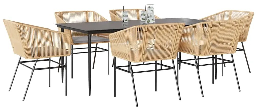 Conjunto jantar jardim 7 peças almofadas vidro vime PE castanho