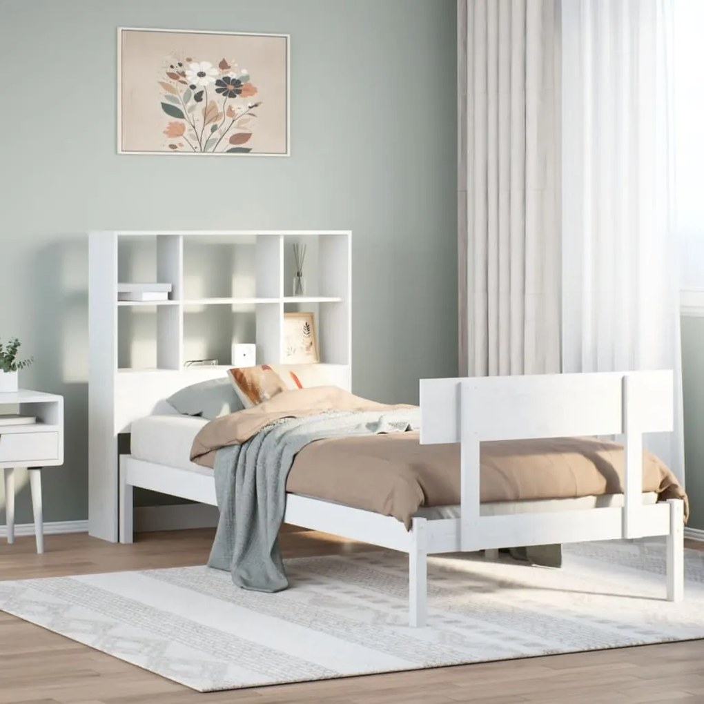 Cama com estante sem colchão 90x200 cm pinho maciço branco