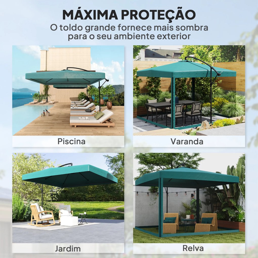 Chapéu de Sol de Jardim Chapéu de Sol Excêntrico com Rede Mosquiteira Manivela e Base Cruzada 296x296x265cm Verde
