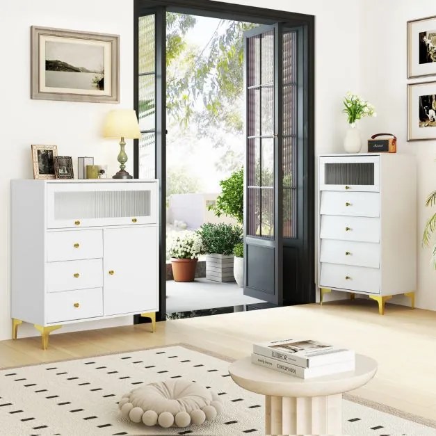 Cómoda de quarto moderna 80 x 40 x 95,5 cm com porta de vidro canelado rebatível e gavetas extraíveis Pernas metálicas branca