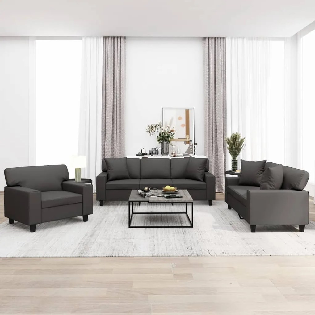 vidaXL 3 pcs conj. de sofás c/ almofadas/almofadões couro artif. cinza