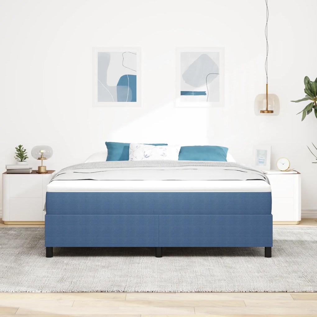 Cama Box com Colchão Azul, Super King, em Tecido Corduroy