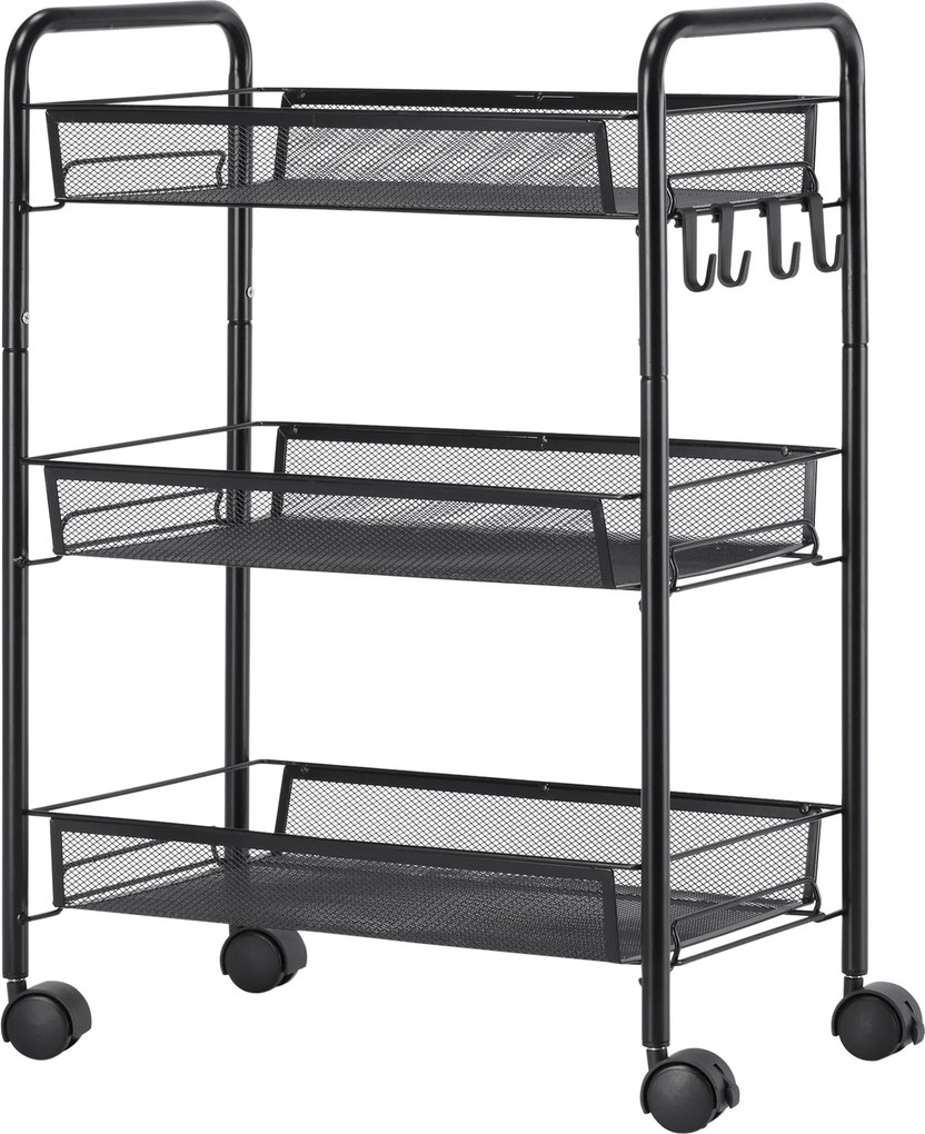 Carrinho cozinha de 3 níveis de arrumação com cestos de serviço com rodas, 45 x 26,5 x 63 cm, preto