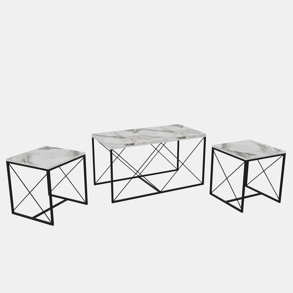 Conjunto de Mesas de Centro Defne – Mármore Branco e Preto – 100x52x50