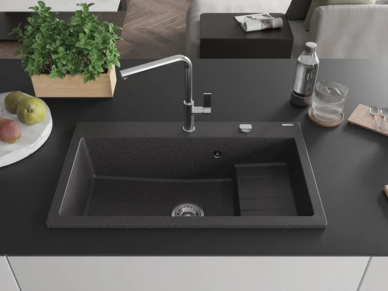 Mexen Omar lava-loiça de granito de 1 cuba 800 x 480 mm, preto salpicado, sifão cromado - 6520801005-76