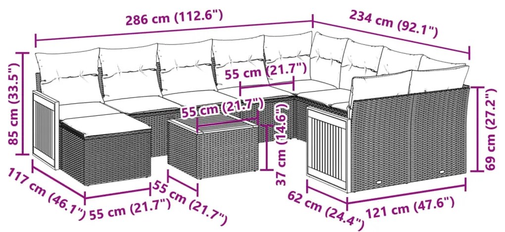 11 pcs conjunto sofás de jardim c/ almofadões vime PE preto