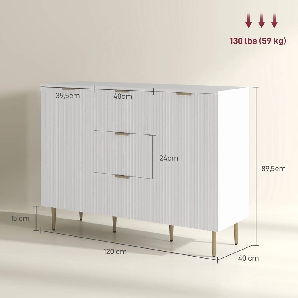 Aparador de Cozinha, 120 x 40 x 89,5 cm, 3 Gavetas e Prateleiras Ajustáveis, Branco