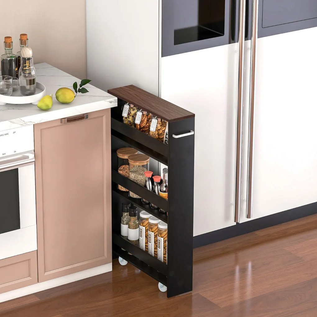 Carrinho de cozinha de armazenamento estreito para cozinha com 4 prateleiras e organizador móvel economiza espaço 48 x 13 x 81 cm Castanho + Preto