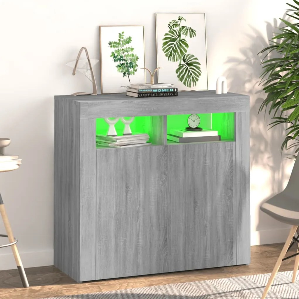 Aparador com luzes LED 80x35x75 cm cinzento sonoma