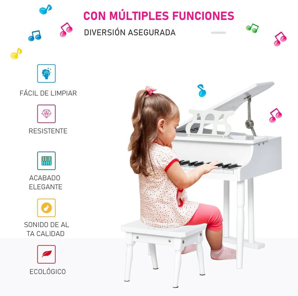 HOMCOM Piano para Crianças com 37 Teclas Piano Infantil com Microfone Banco  Luzes 22 Músicas e Entrada para MP3 e USB 48x39x69 cm Preto