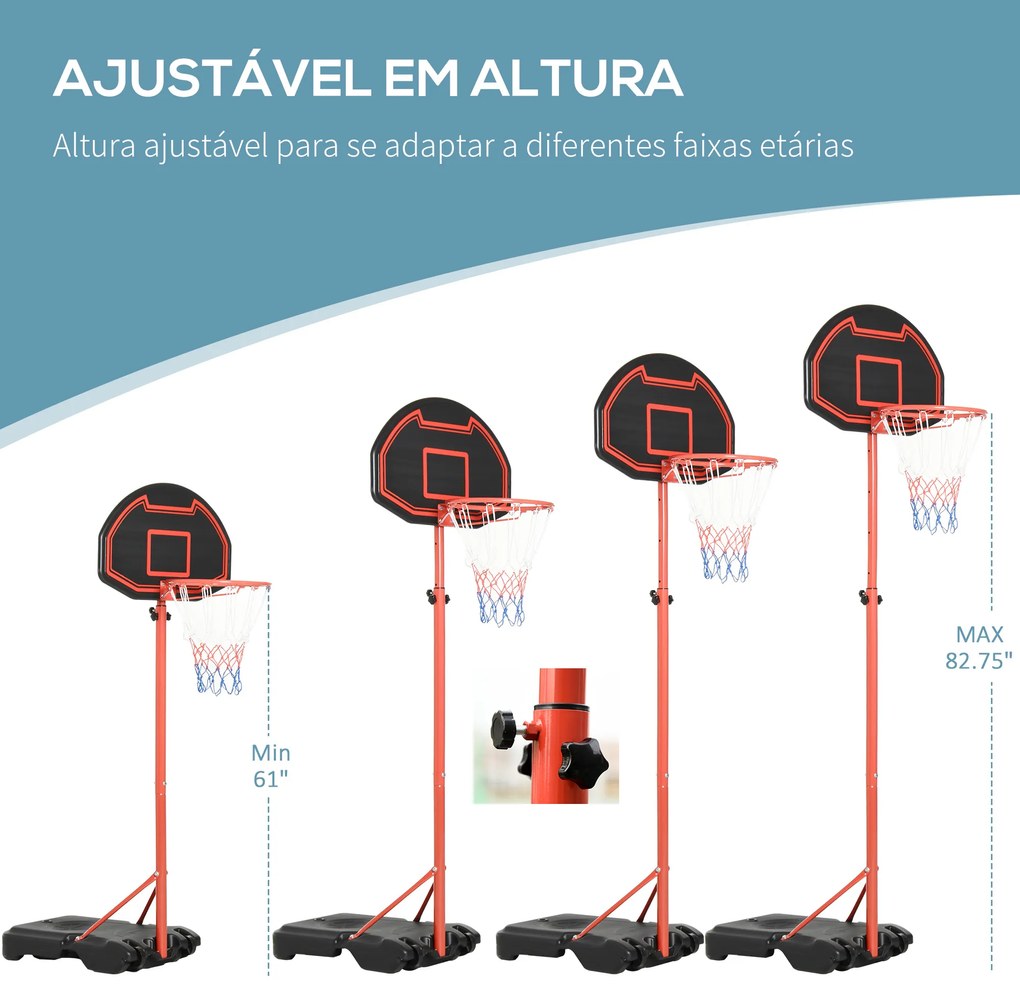 Cesto de Basquetebol com Altura Ajustável 193,5-248,5 cm Rodas e Base Recarregável para Adolescentes e Adultos Vermelho e Preto