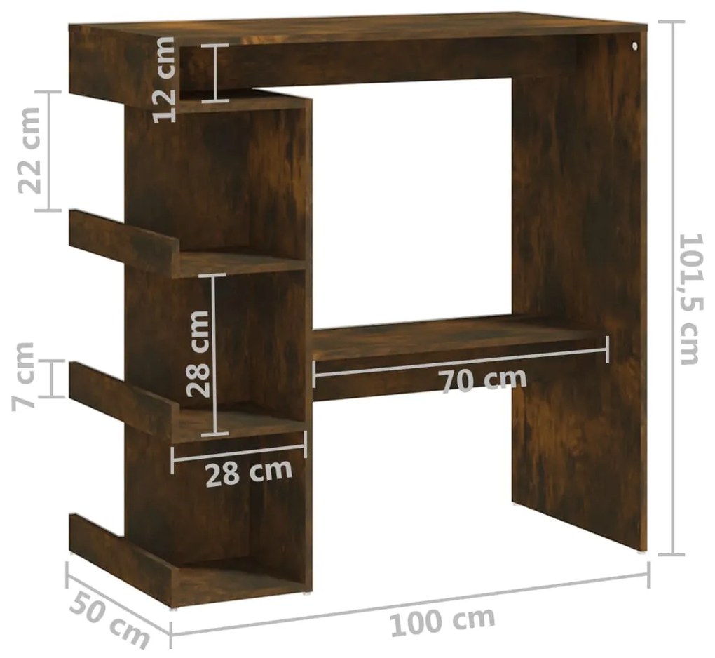 Mesa bar + prateleiras 100x50x101,5cm contrapl. carvalho fumado