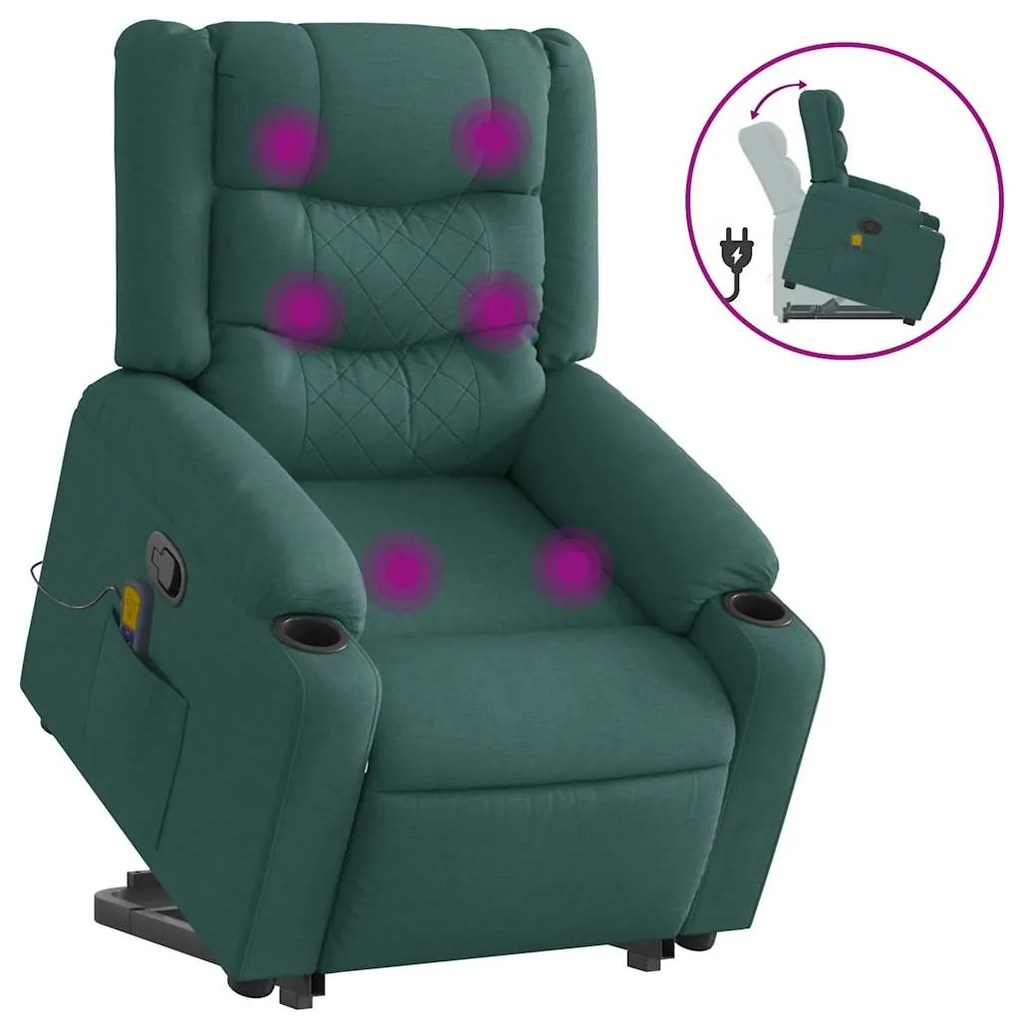 Poltrona reclinável elevatória de massagens tecido verde-escuro