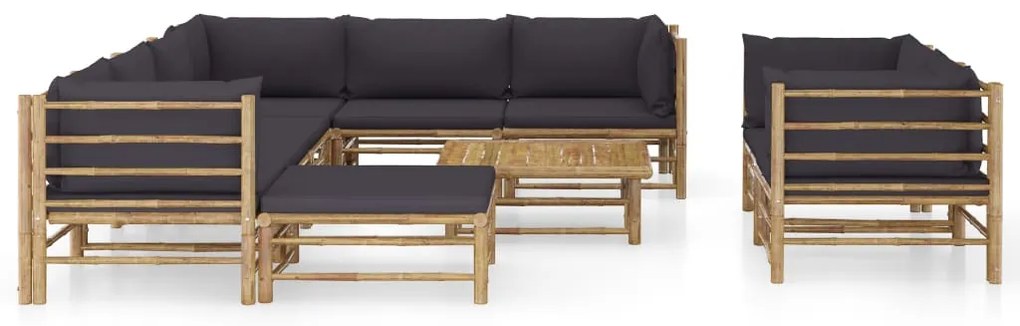 10 pcs conj. lounge jardim em bambu c/ almofadões cinza-escuro