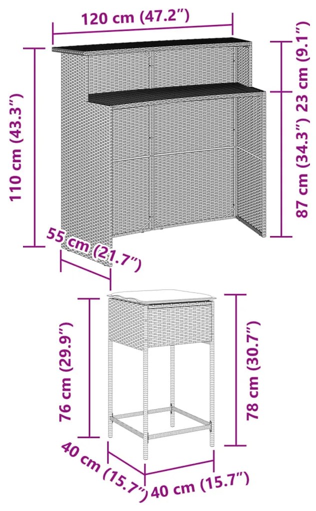 5 pcs conjunto de bar p/ jardim c/ almofadões vime PE castanho