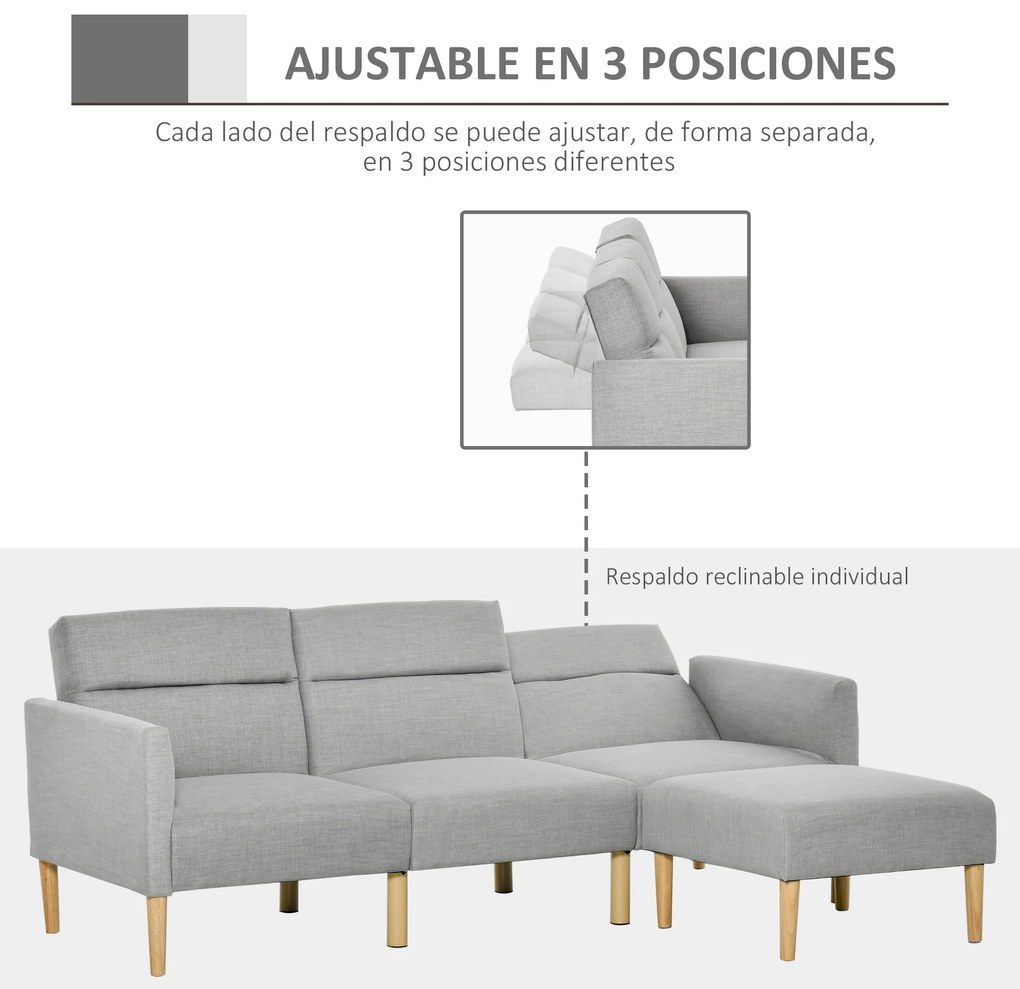 HOMCOM Sofá Cama com Chaise Longue de 3 Lugares com Encosto Ajustável Apoio para os Braços e Apoio para os Pés Móvel 207x81x80cm Cinza Claro