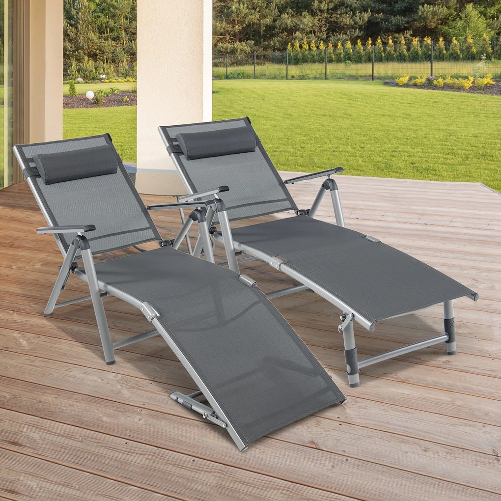 Conjunto de 2 Espreguiçadeiras de Exterior Reclináveis, 140,5 x 65 x 94 cm, 8 Posições Ajustáveis, Cinzento