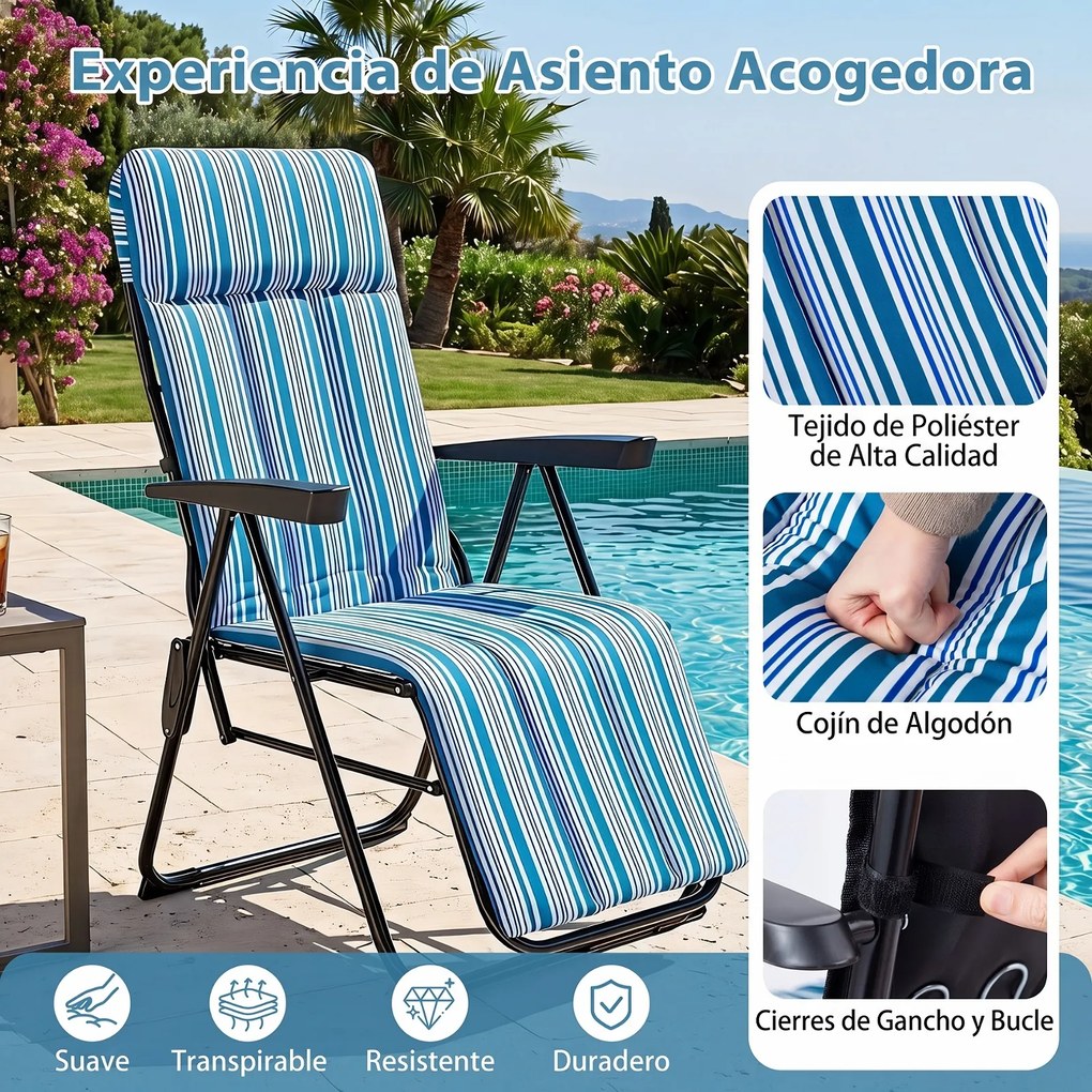 Espreguiçadeira de Jardim Dobrável, 59,5 x 79 x 112 cm, Encosto de 6 Posições, Azul + Branco