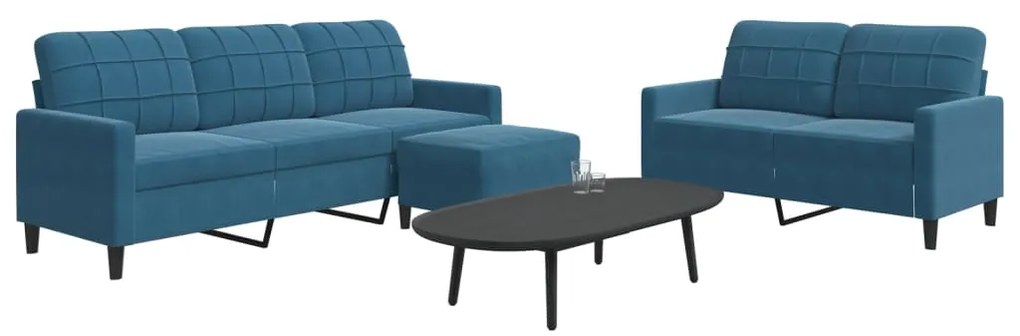 3 pcs conjunto de sofás com almofadões veludo azul