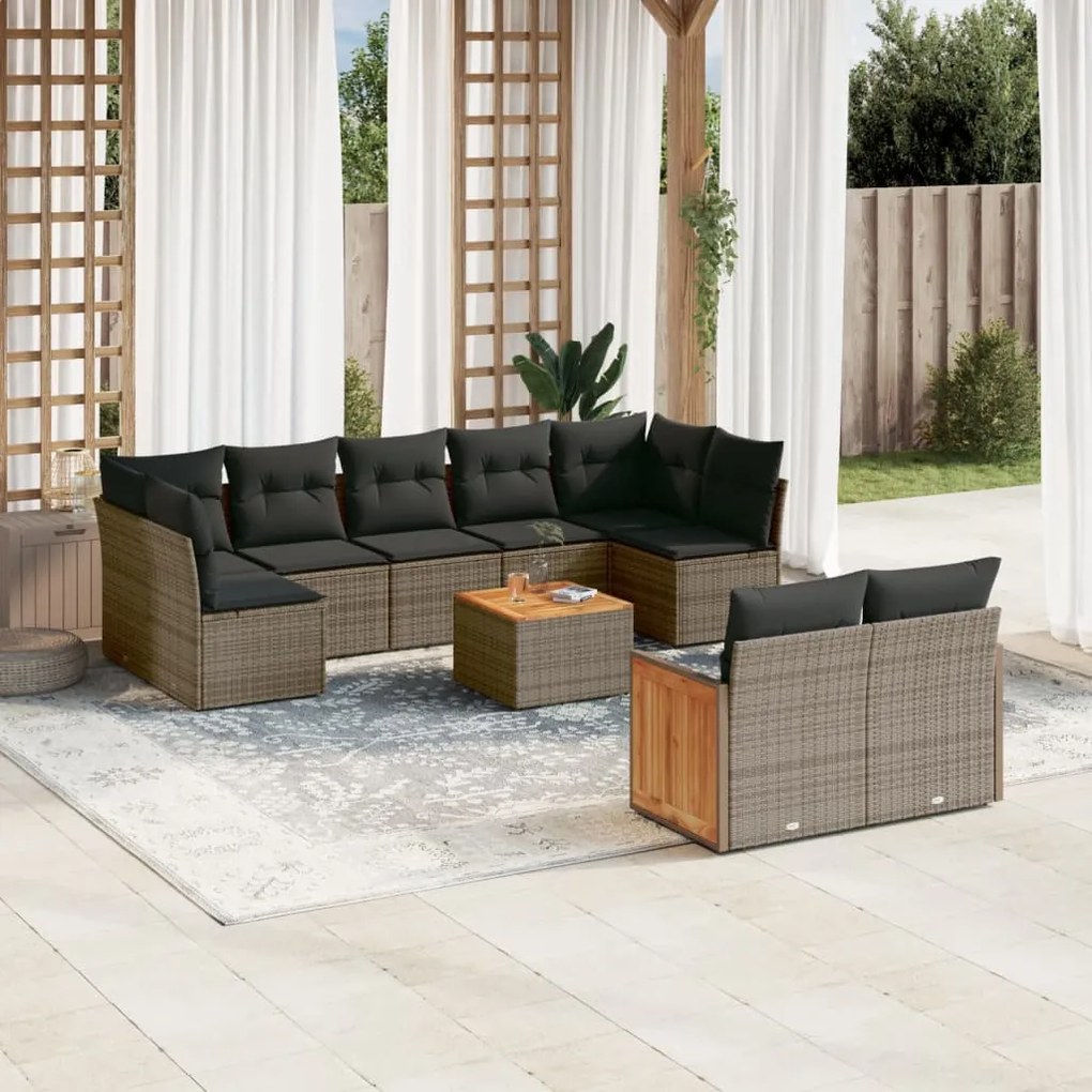 10 pcs conjunto sofás de jardim c/ almofadões vime PE cinzento