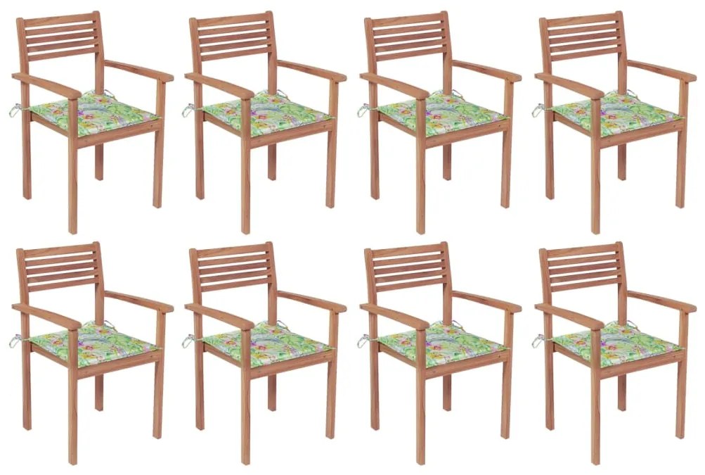 Cadeiras de jardim empilháveis c/ almofadões 8 pcs teca maciça