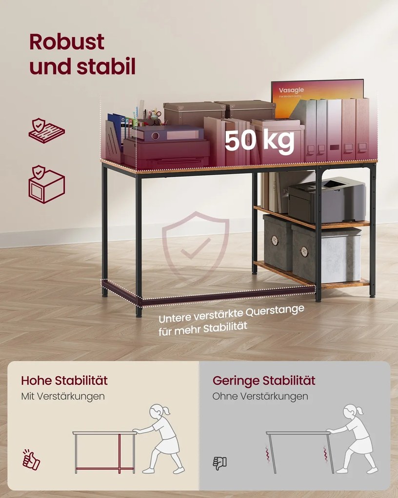 Secretária de canto 120 x 80 cm em forma de L com prateleira ajustável em altura, castanho vintage